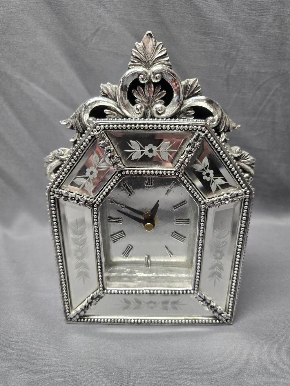 Vtg Venetian French Style Etched Mirror Glass Table Clock-Silver Tone